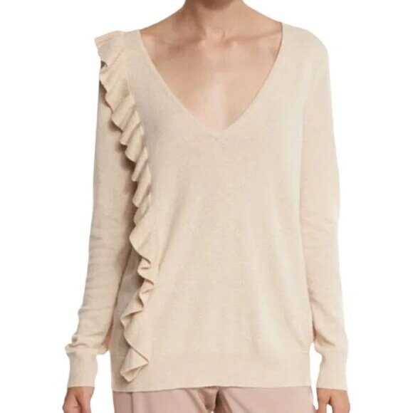 Elizabeth and James V-Neck Wool Cashmere Odell Ruffled Sweater Champagne - Med - Picture 1 of 9